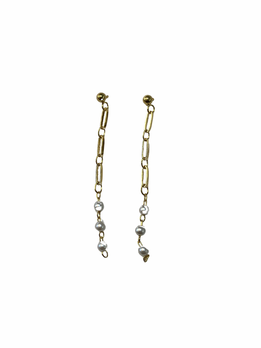 14K Gold Dipped Pearl & Paper Clip Chain Stud Earrings