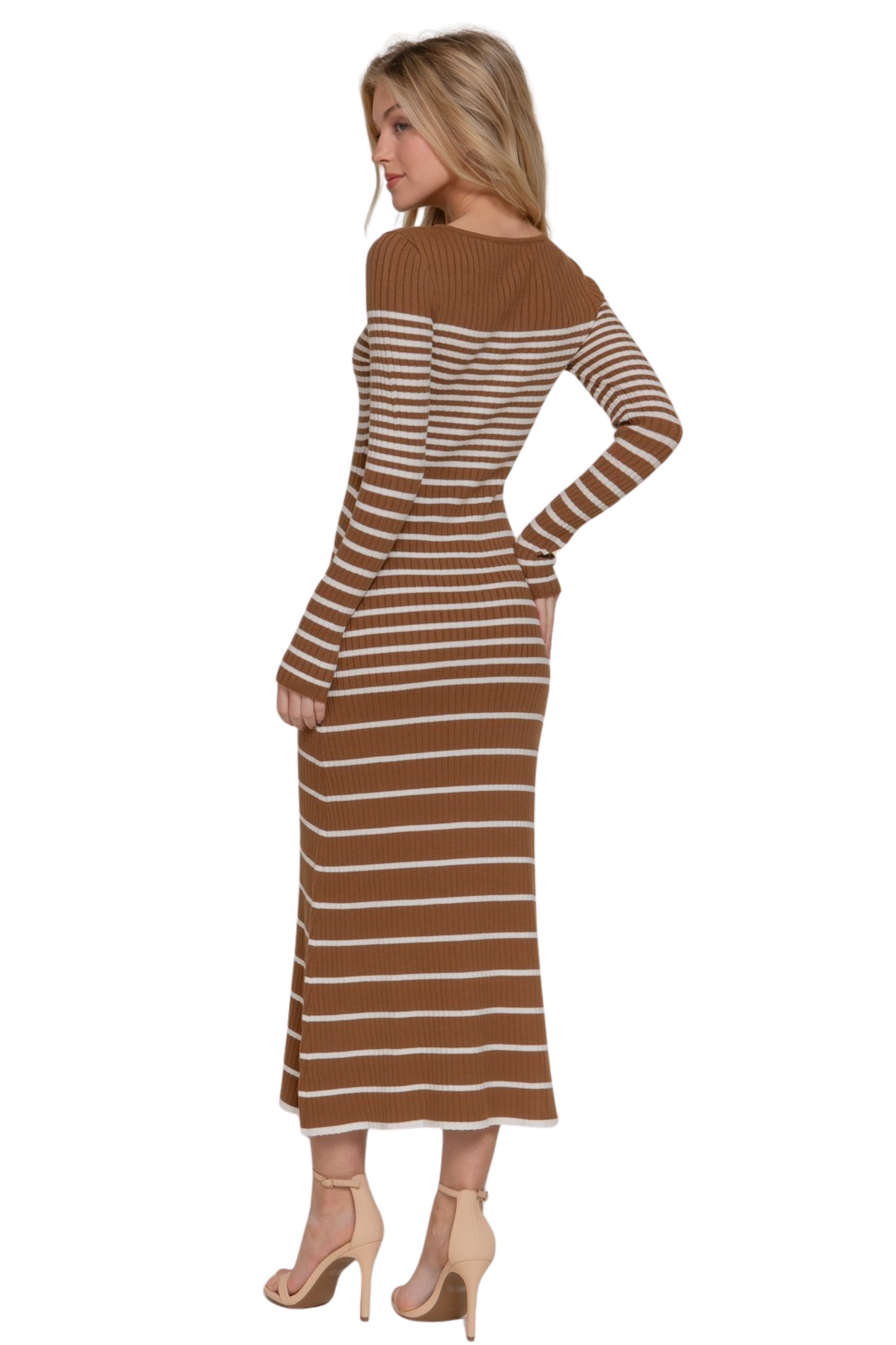 Boat Neck Stripe Ribbed Long Sleeve Maxi Sweater Dress