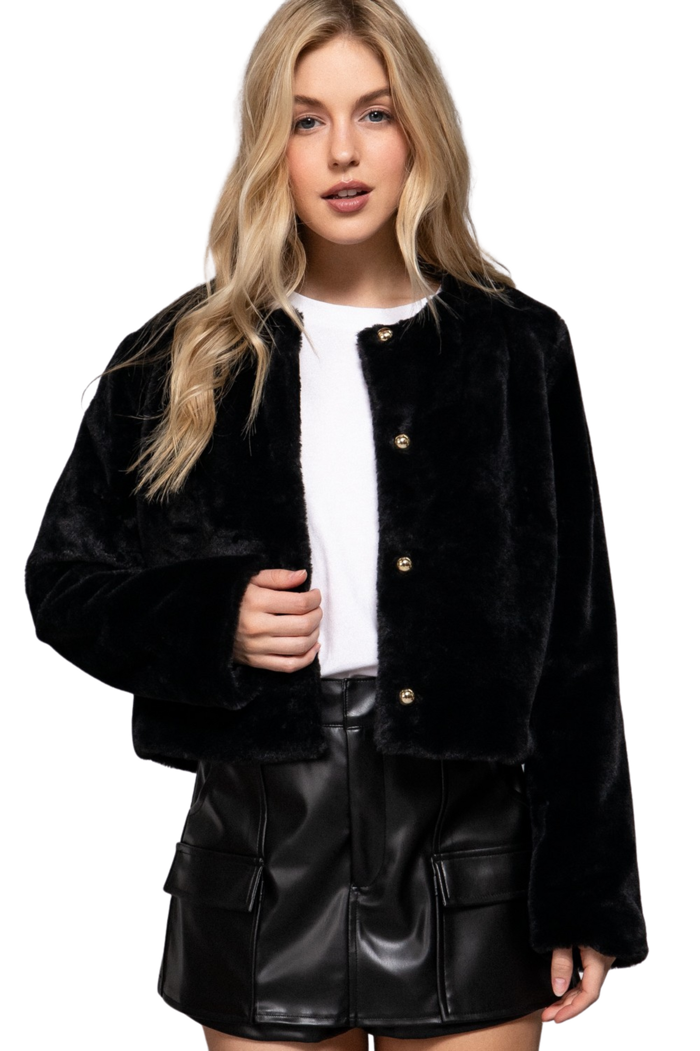 Faux Fur Collarless Cropped Jacket