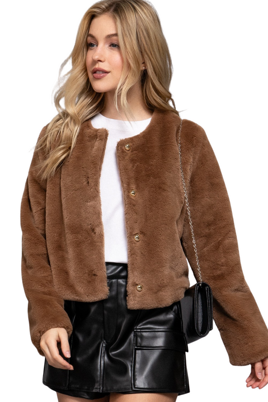 Faux Fur Collarless Cropped Jacket
