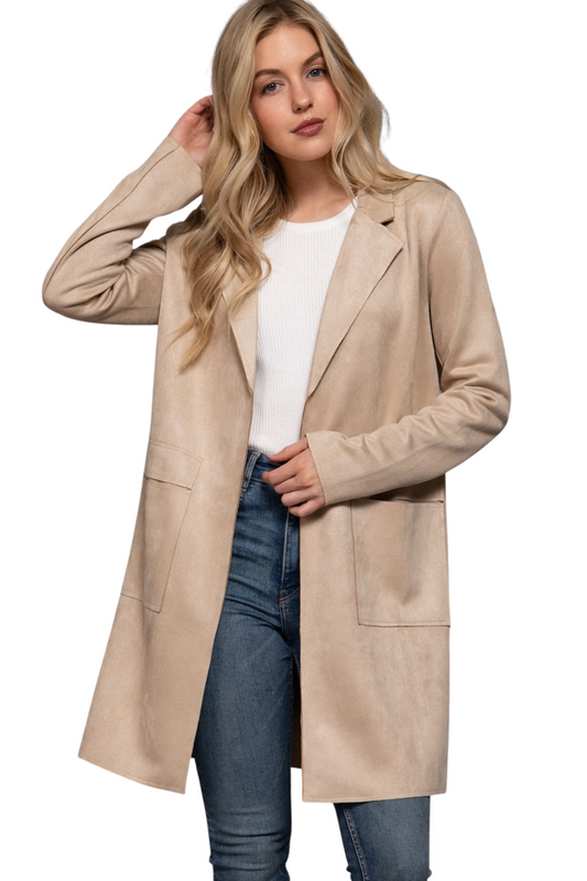 Faux Suede Open Collared Long Jacket with Pockets
