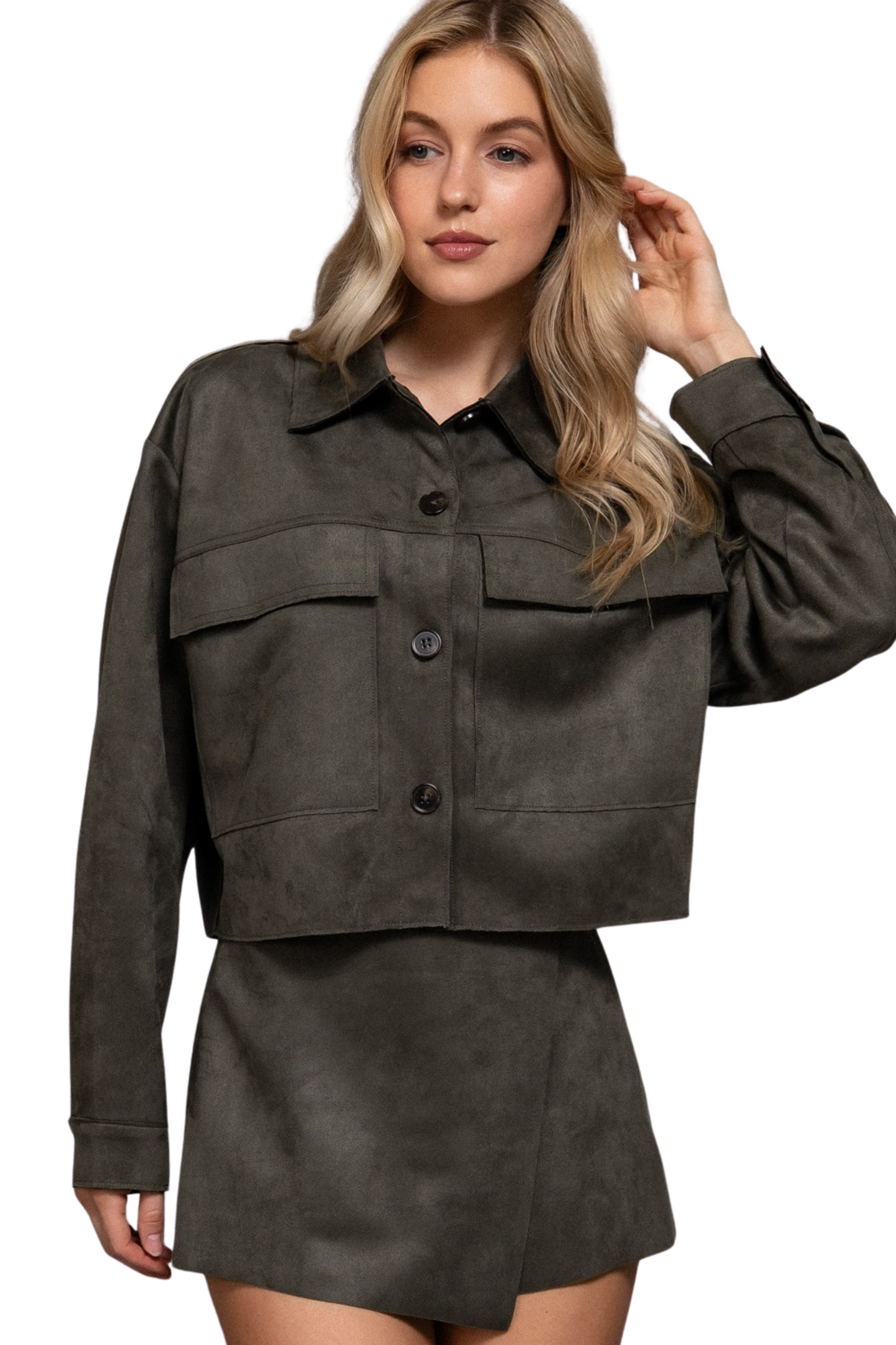 Faux Suede Open Cropped Jacket with Oversized Front Pockets