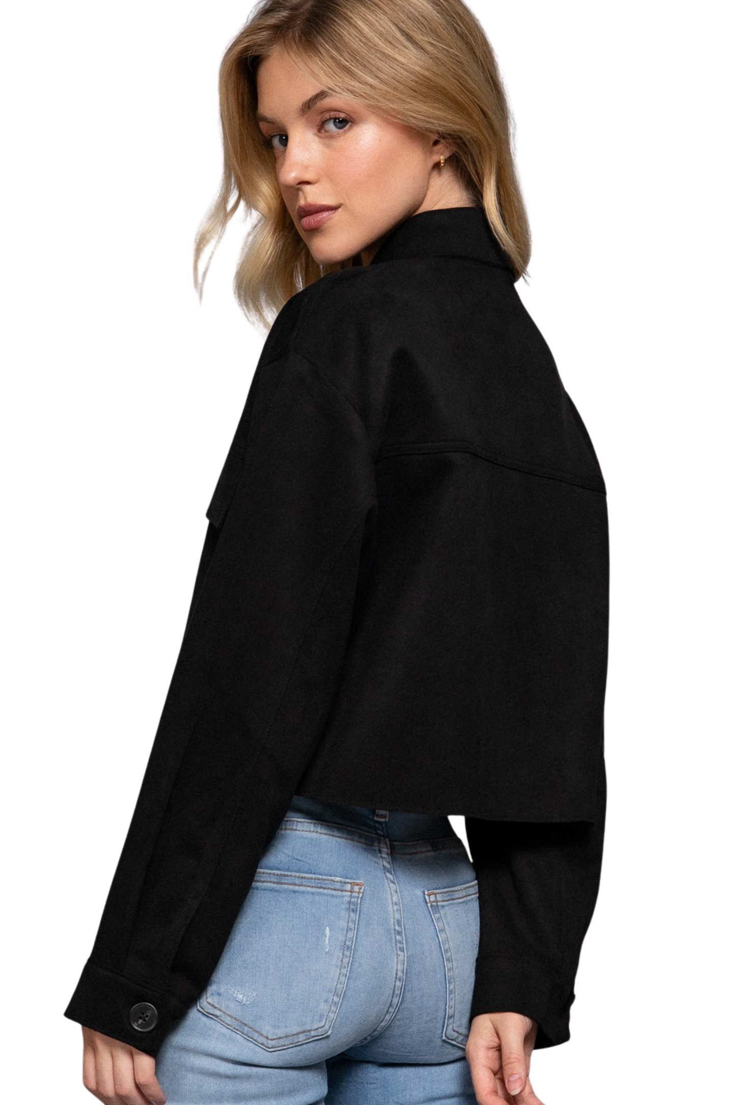 Faux Suede Open Cropped Jacket with Oversized Front Pockets
