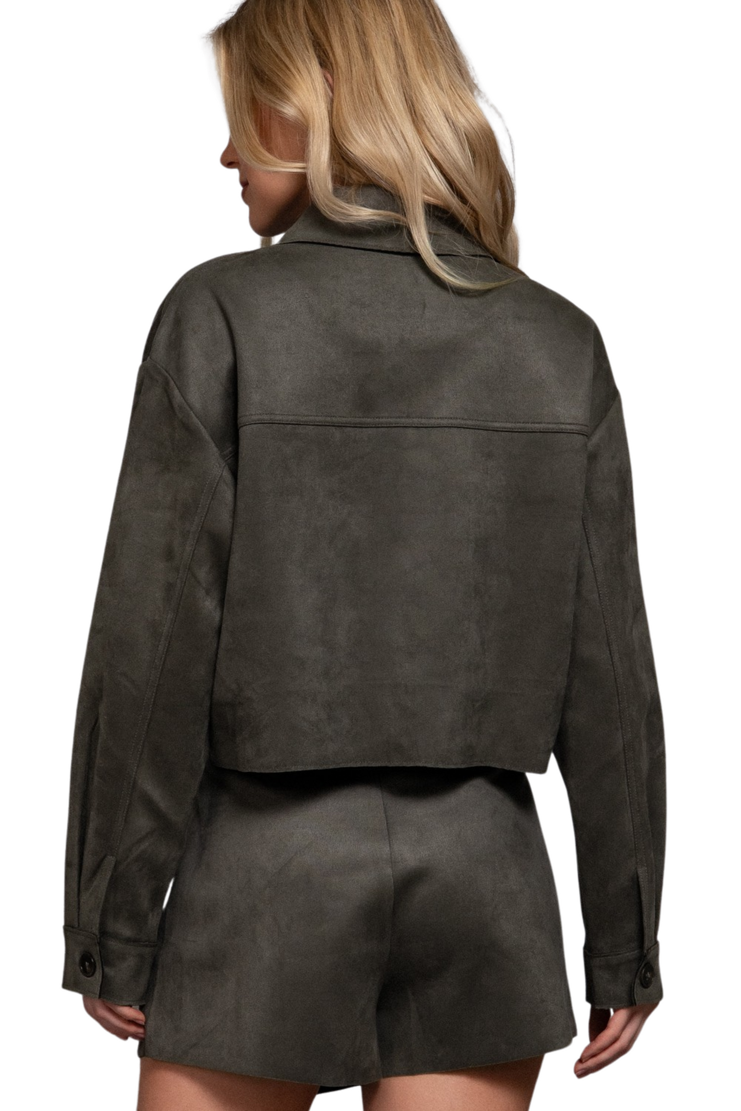 Faux Suede Open Cropped Jacket with Oversized Front Pockets