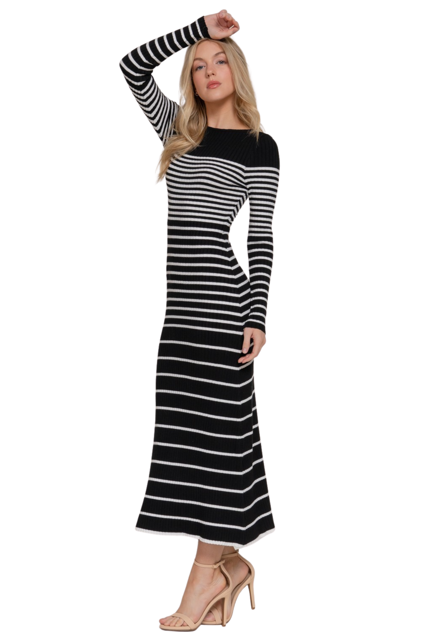 Boat Neck Stripe Ribbed Long Sleeve Maxi Sweater Dress