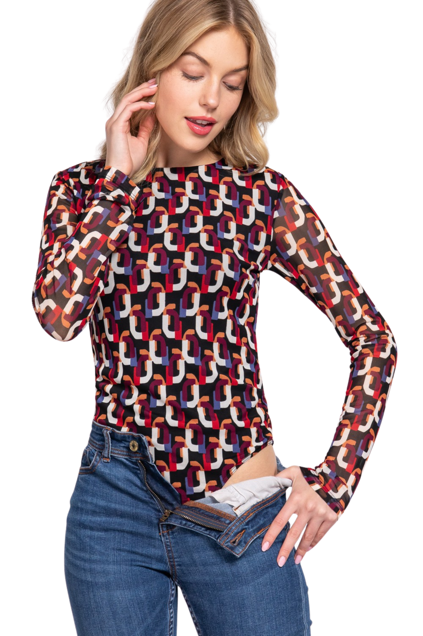 Long Sleeve Mesh Colorful Printed Bodysuit