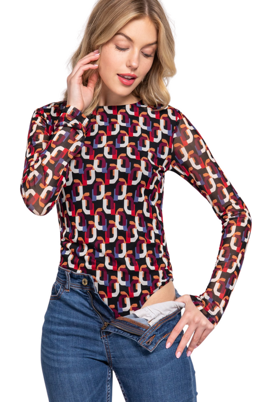 Long Sleeve Mesh Colorful Printed Bodysuit