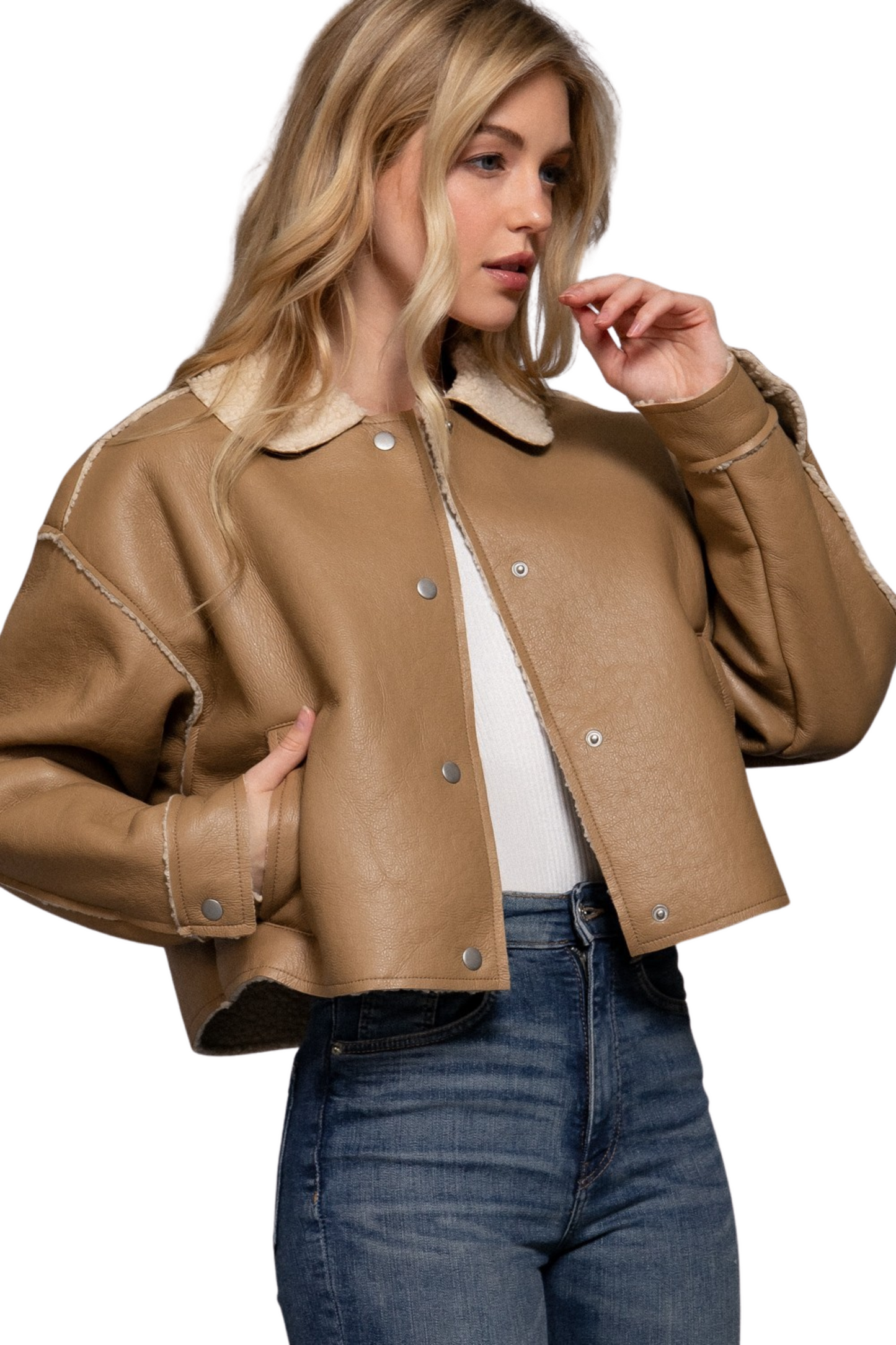 Faux Leather Fur Lined Jacket with Collar