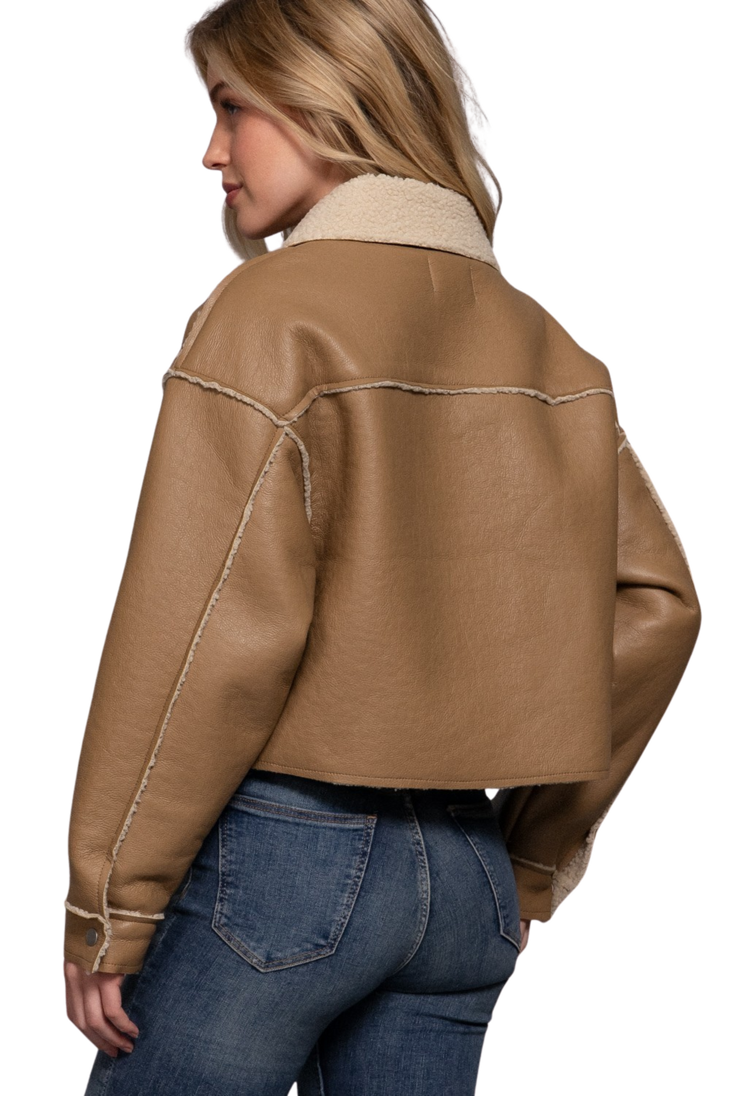 Faux Leather Fur Lined Jacket with Collar