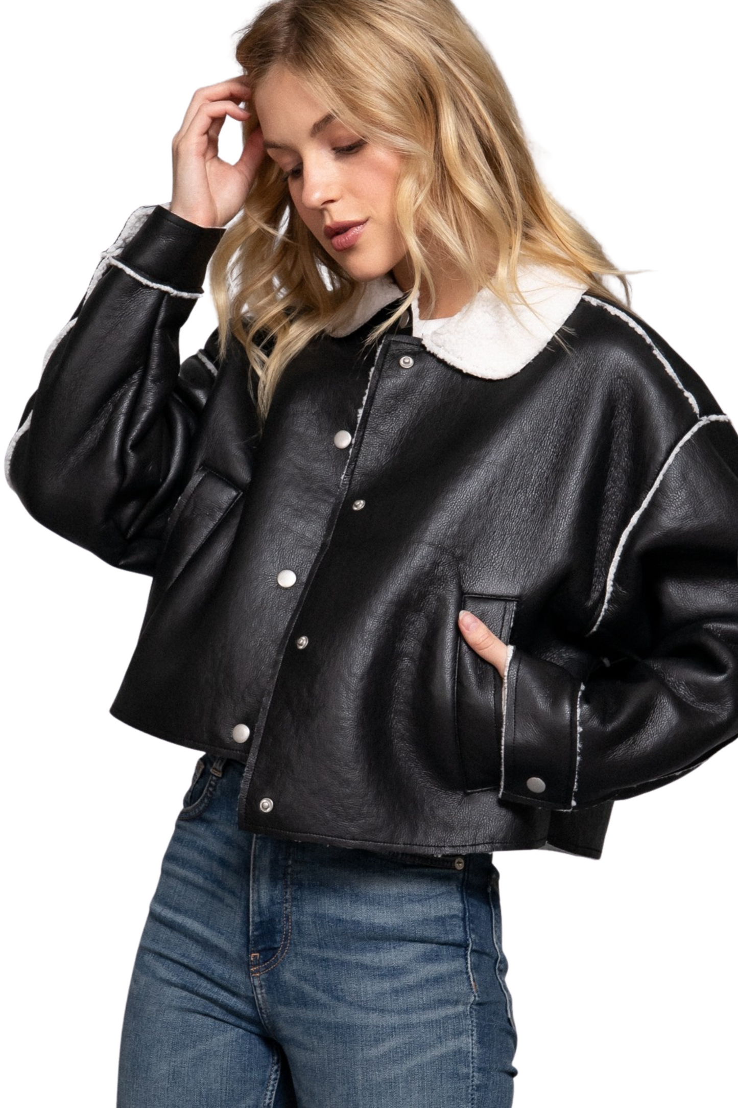 Faux Leather Fur Lined Jacket with Collar