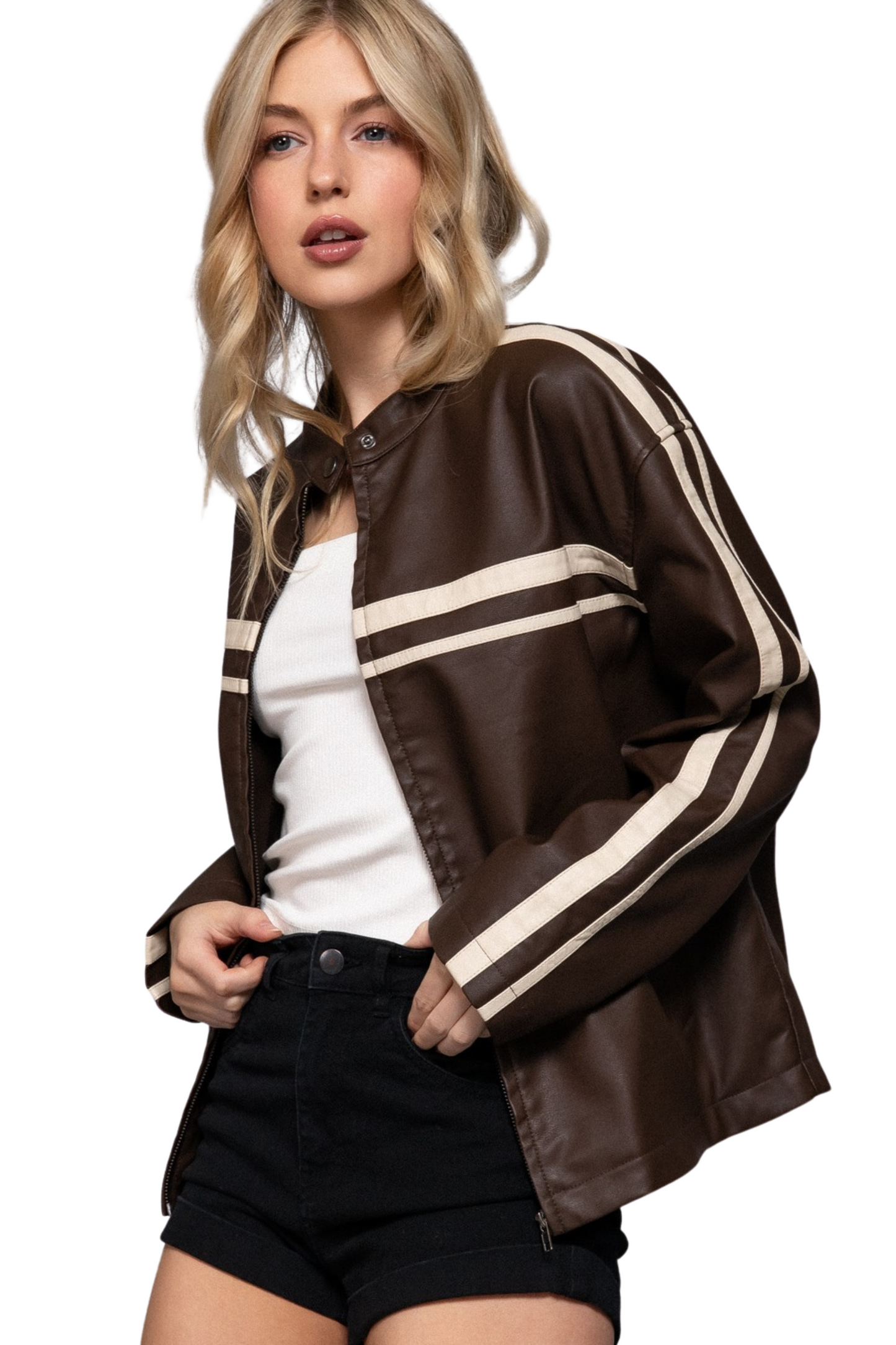 Faux Leather Moto Jacket with Contrasting Stripes