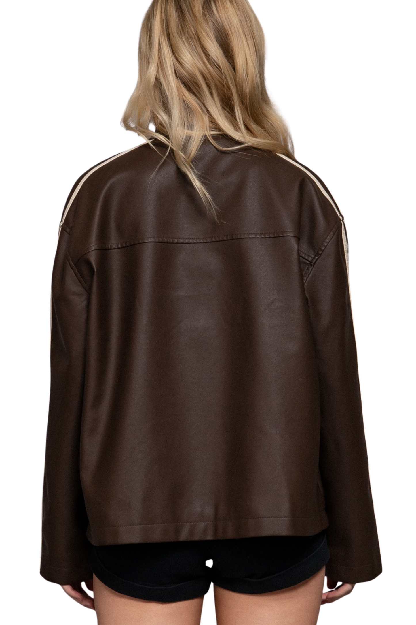 Faux Leather Moto Jacket with Contrasting Stripes
