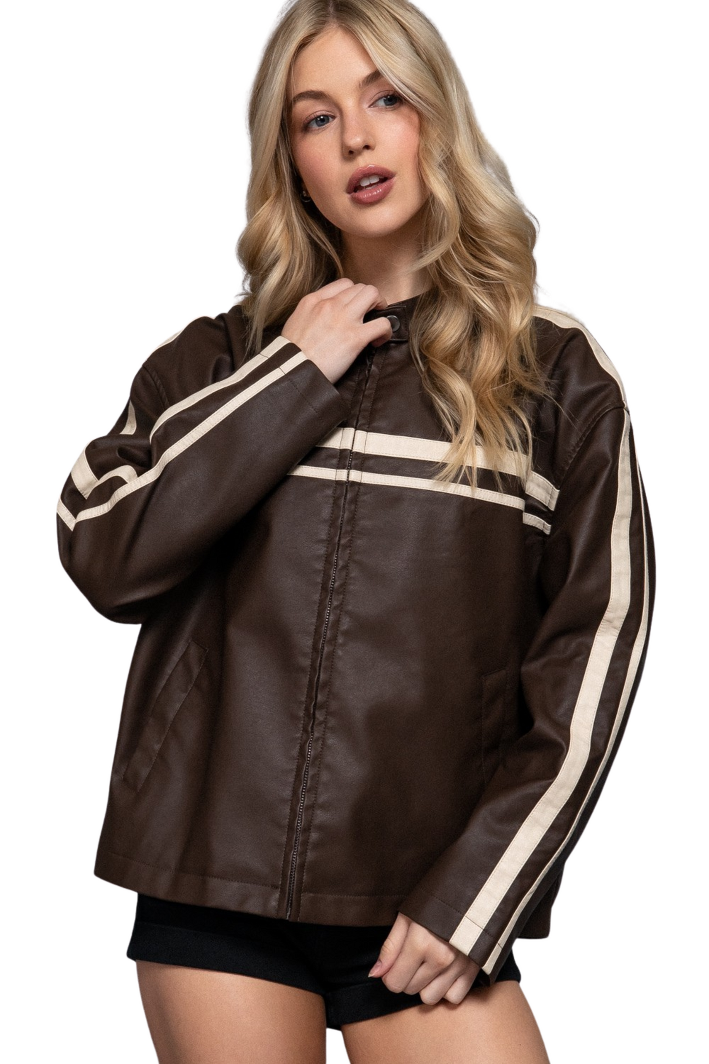 Faux Leather Moto Jacket with Contrasting Stripes