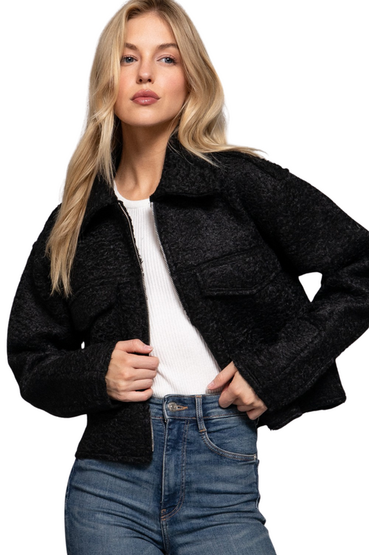 Boucle Zip Up Jacket with Collar