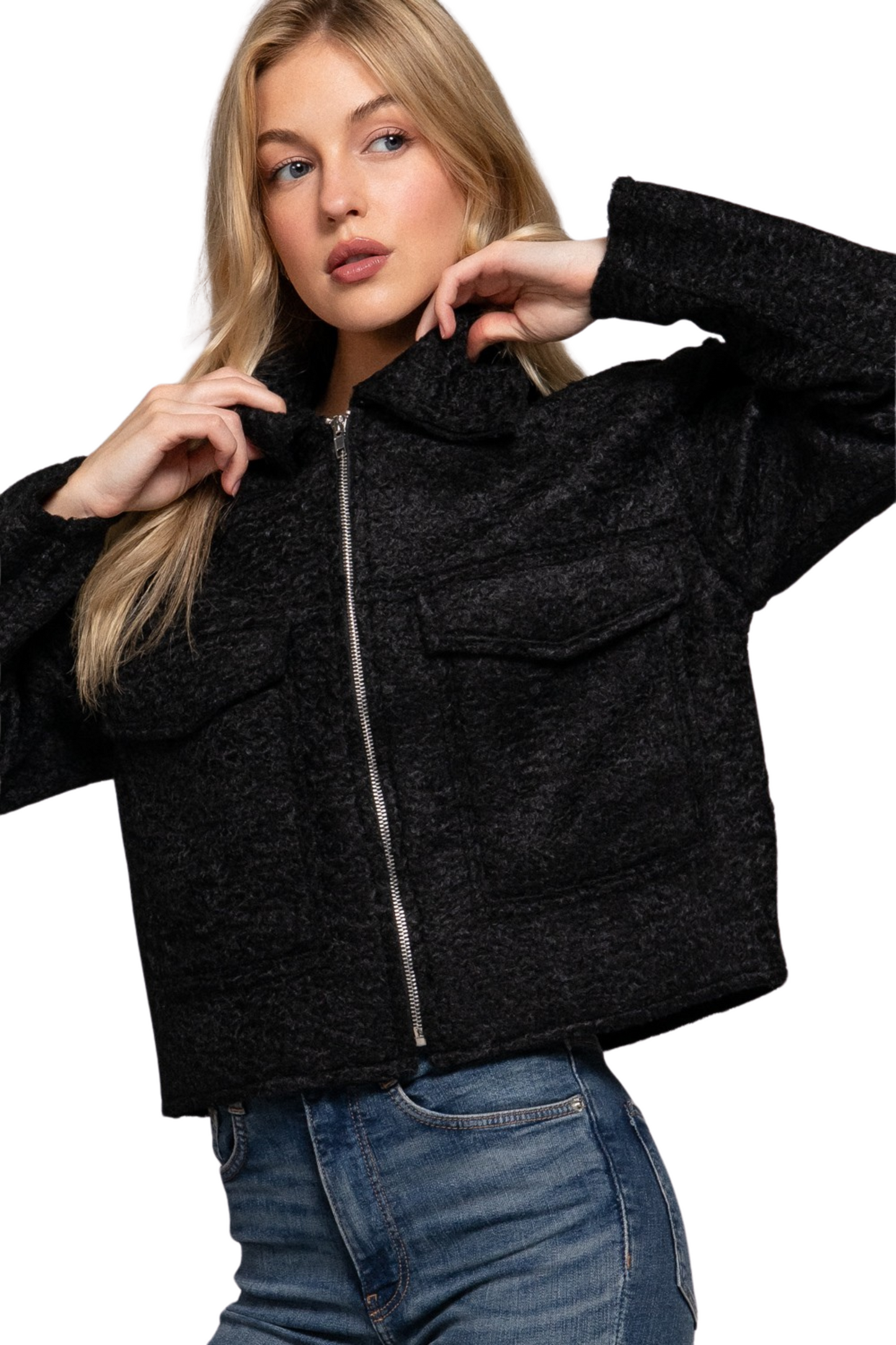 Boucle Zip Up Jacket with Collar