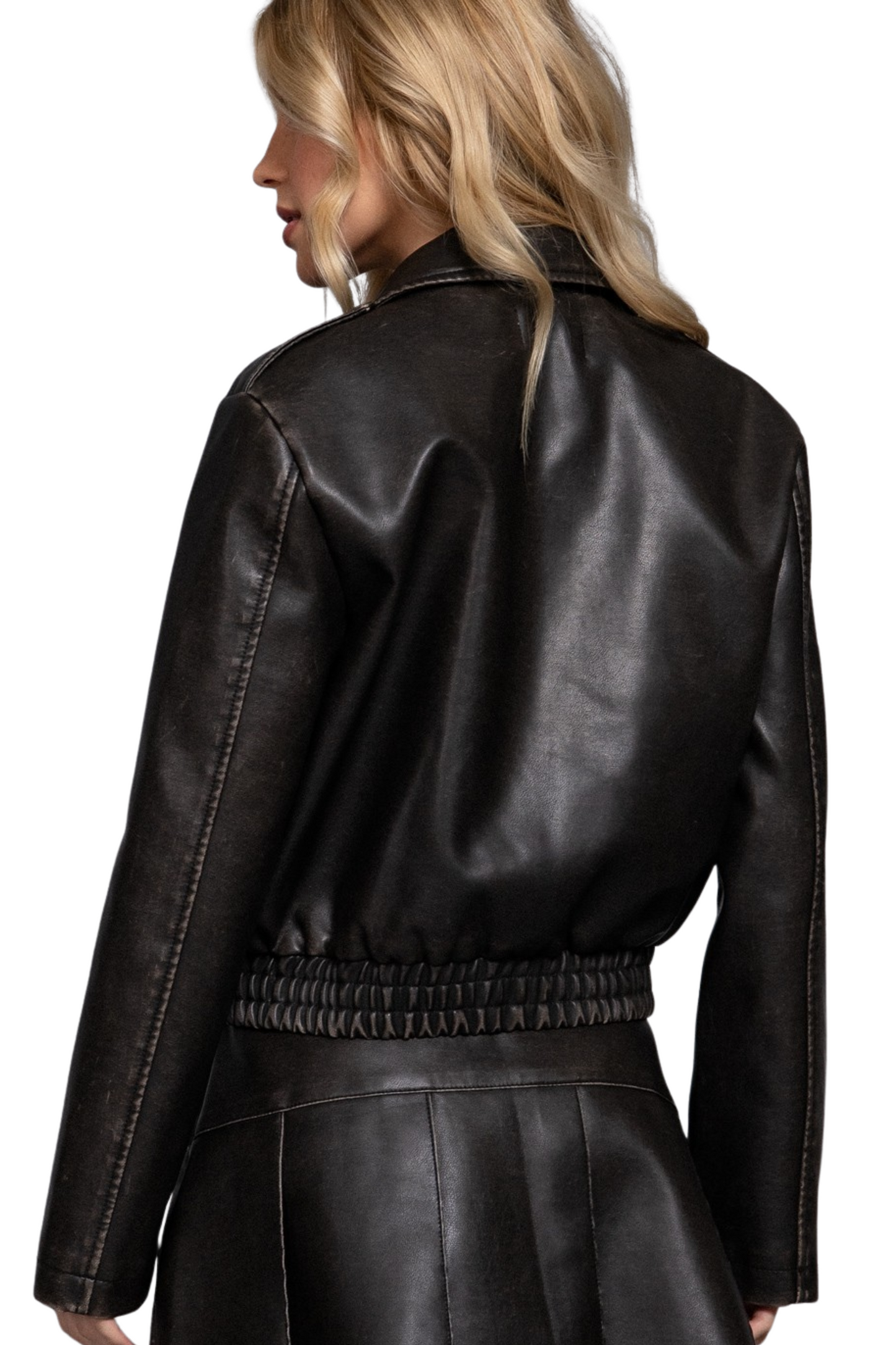 Faux Leather Zip Up Jacket with Cinched Hemline