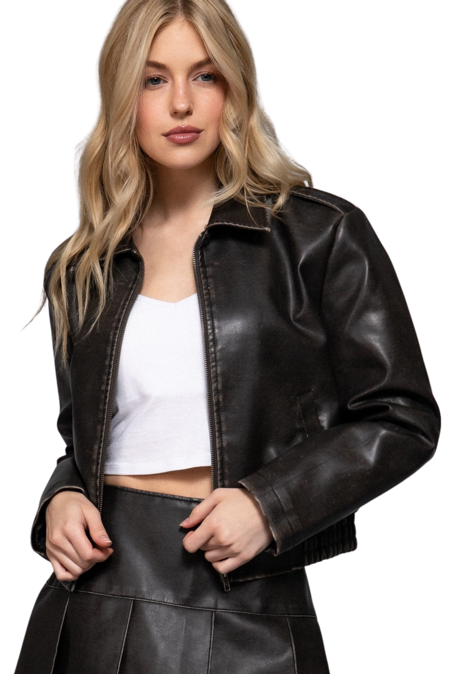 Faux Leather Zip Up Jacket with Cinched Hemline