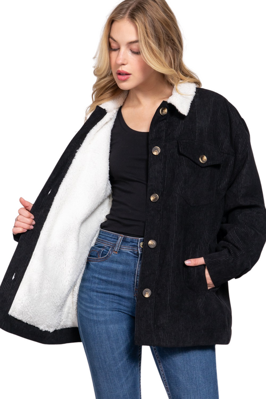 Faux Fur Lined Corduroy Relaxed Button Up Jacket