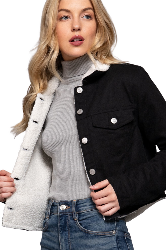Sherpa Lined Cropped Twill Jacket