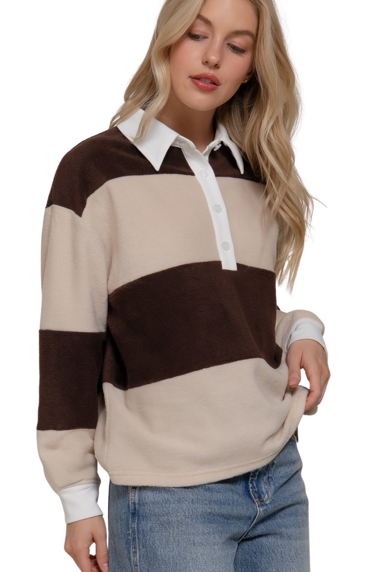 Oversized Rugby Stripe Collared Fleece Top