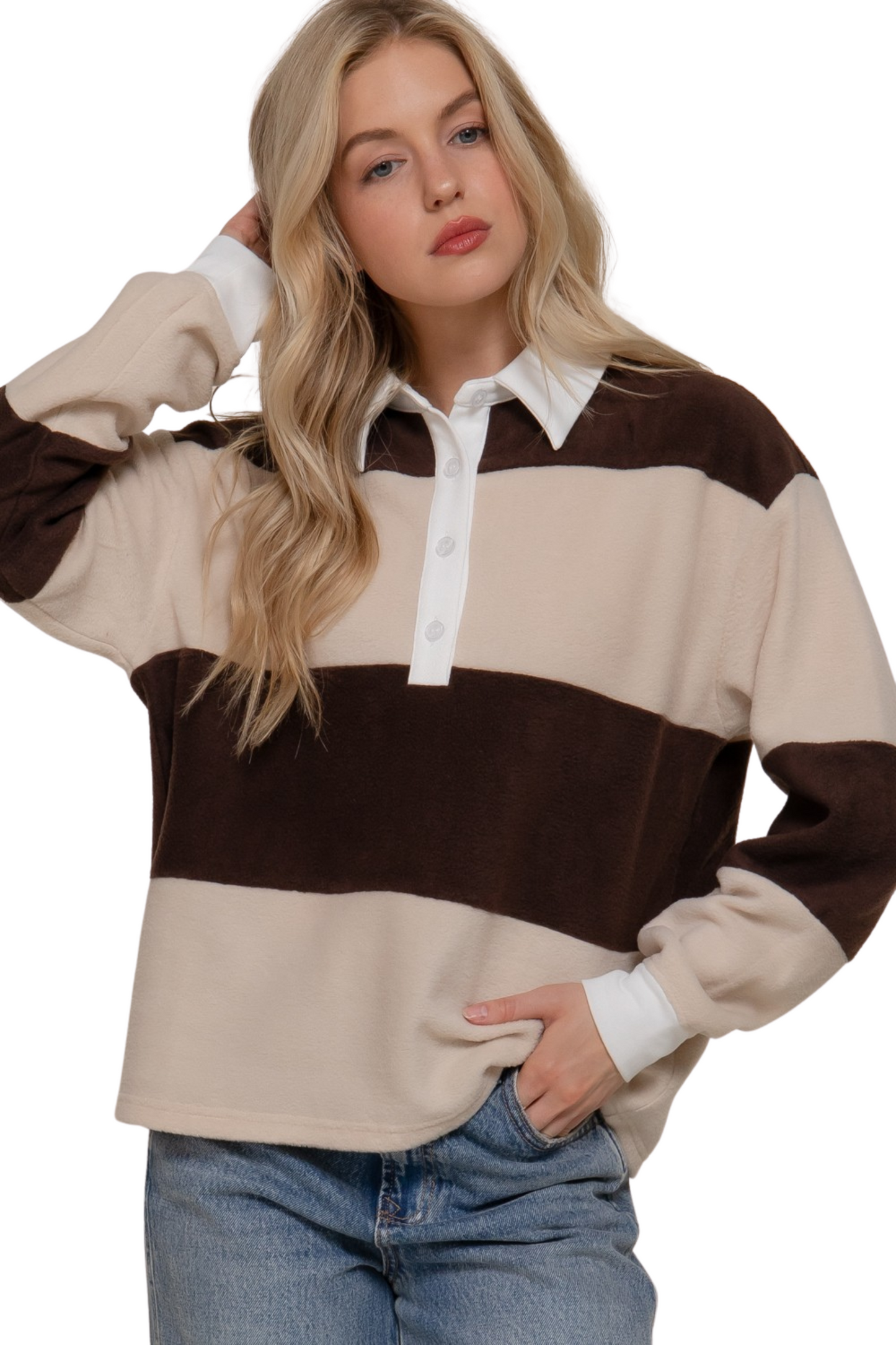Oversized Rugby Stripe Collared Fleece Top