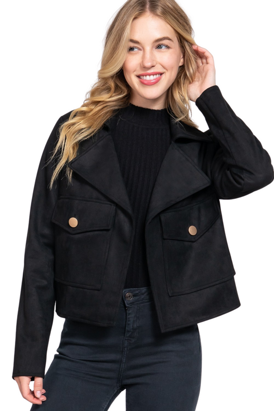 Faux Suede Open Jacket with Front Pockets with Gold Buttons