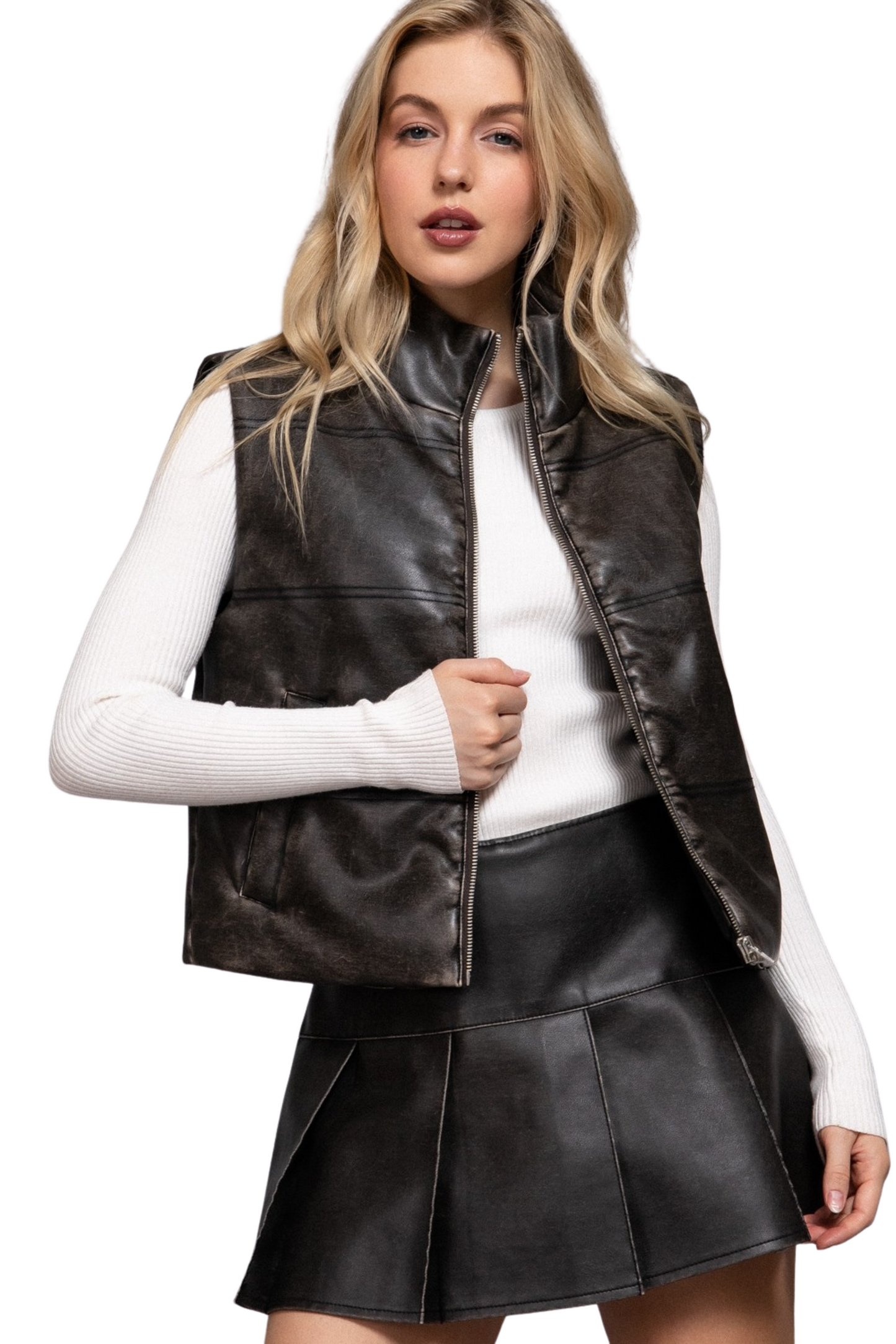 Faux Lather Puffer Zip Up Vest