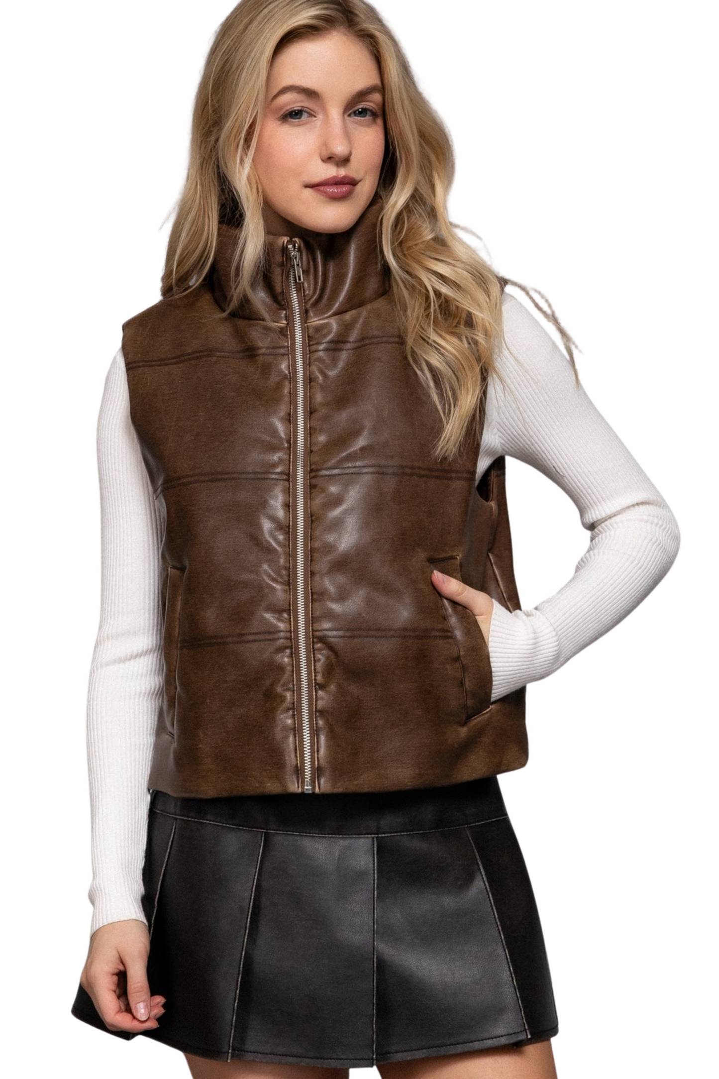 Faux Lather Puffer Zip Up Vest