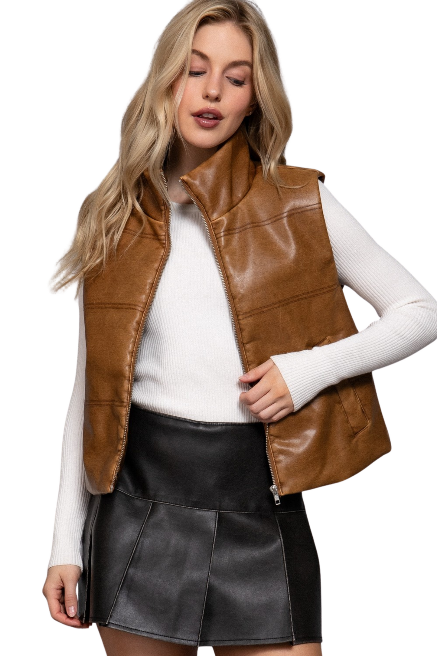 Faux Lather Puffer Zip Up Vest