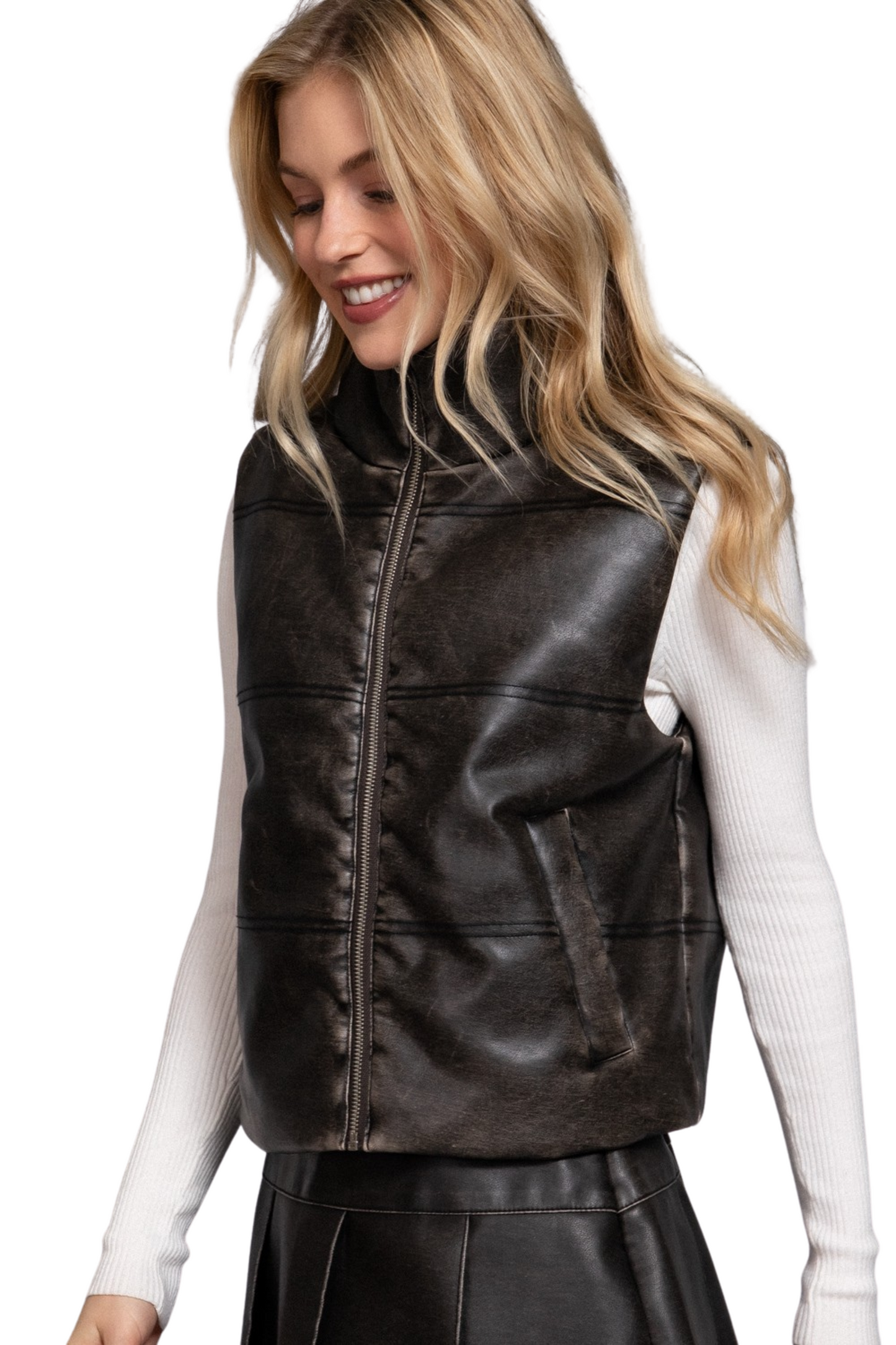 Faux Lather Puffer Zip Up Vest