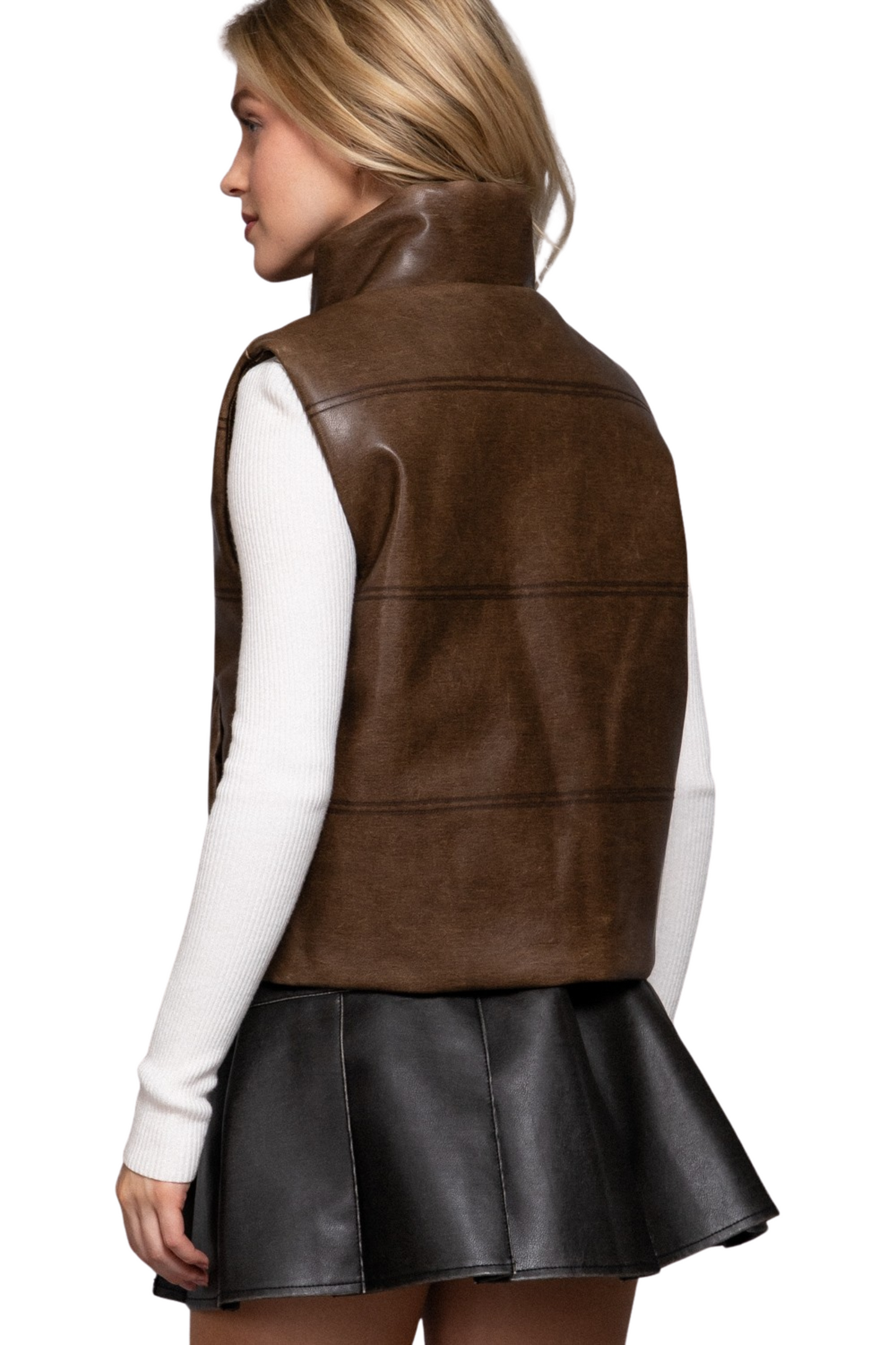 Faux Lather Puffer Zip Up Vest