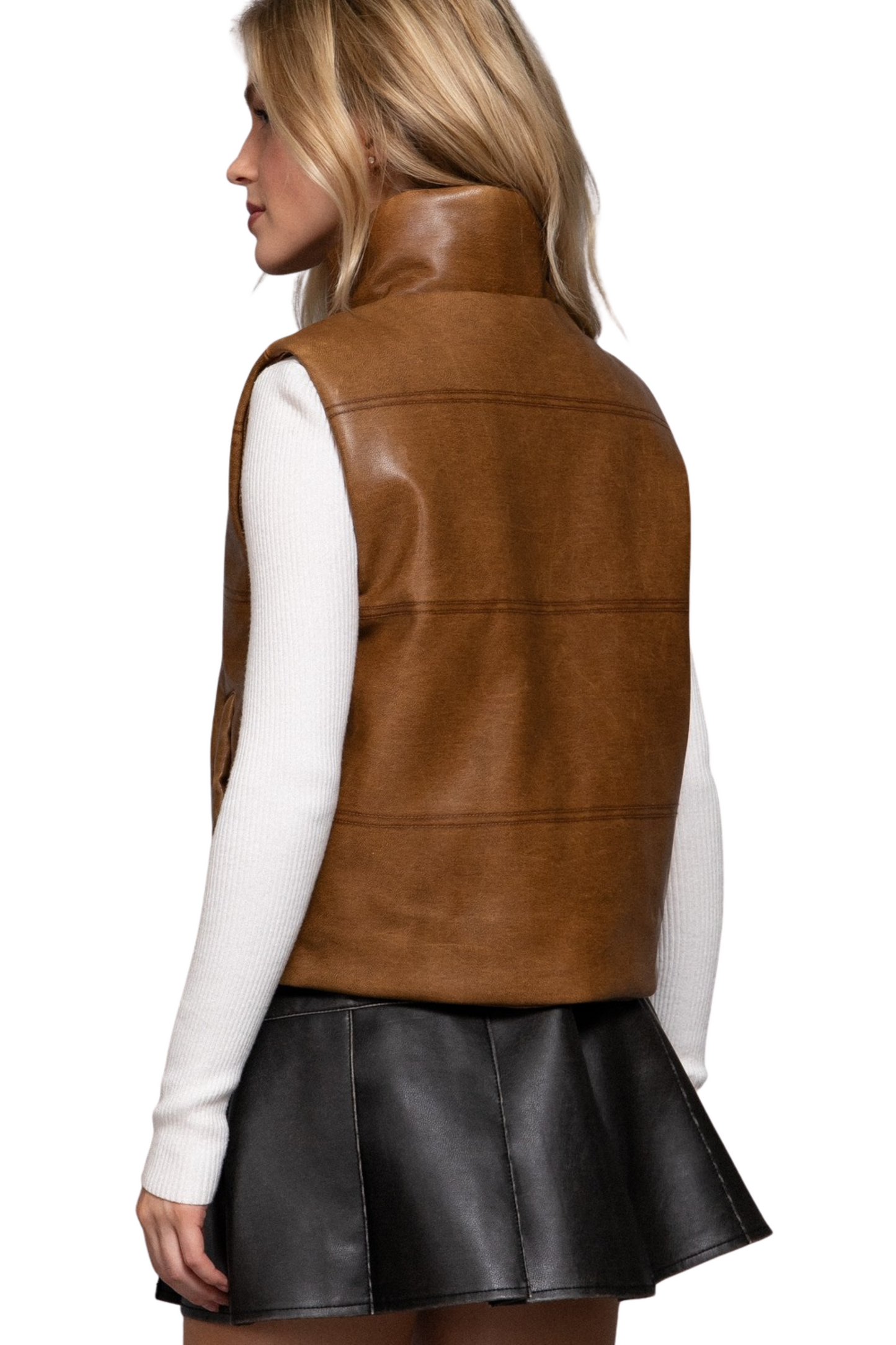 Faux Lather Puffer Zip Up Vest