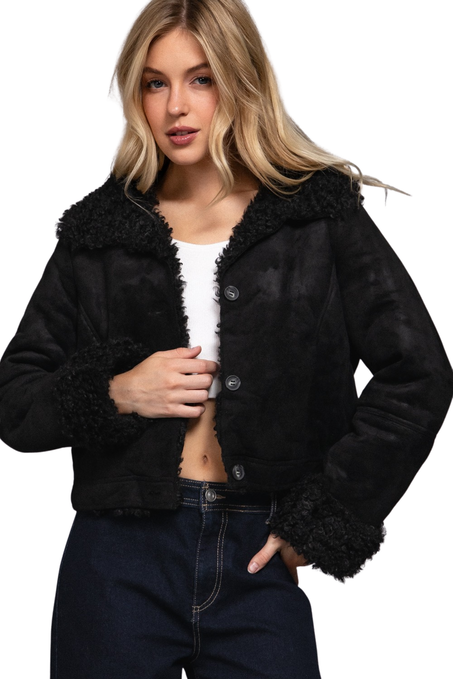 Faux Fur Contrast Short Button Up Jacket