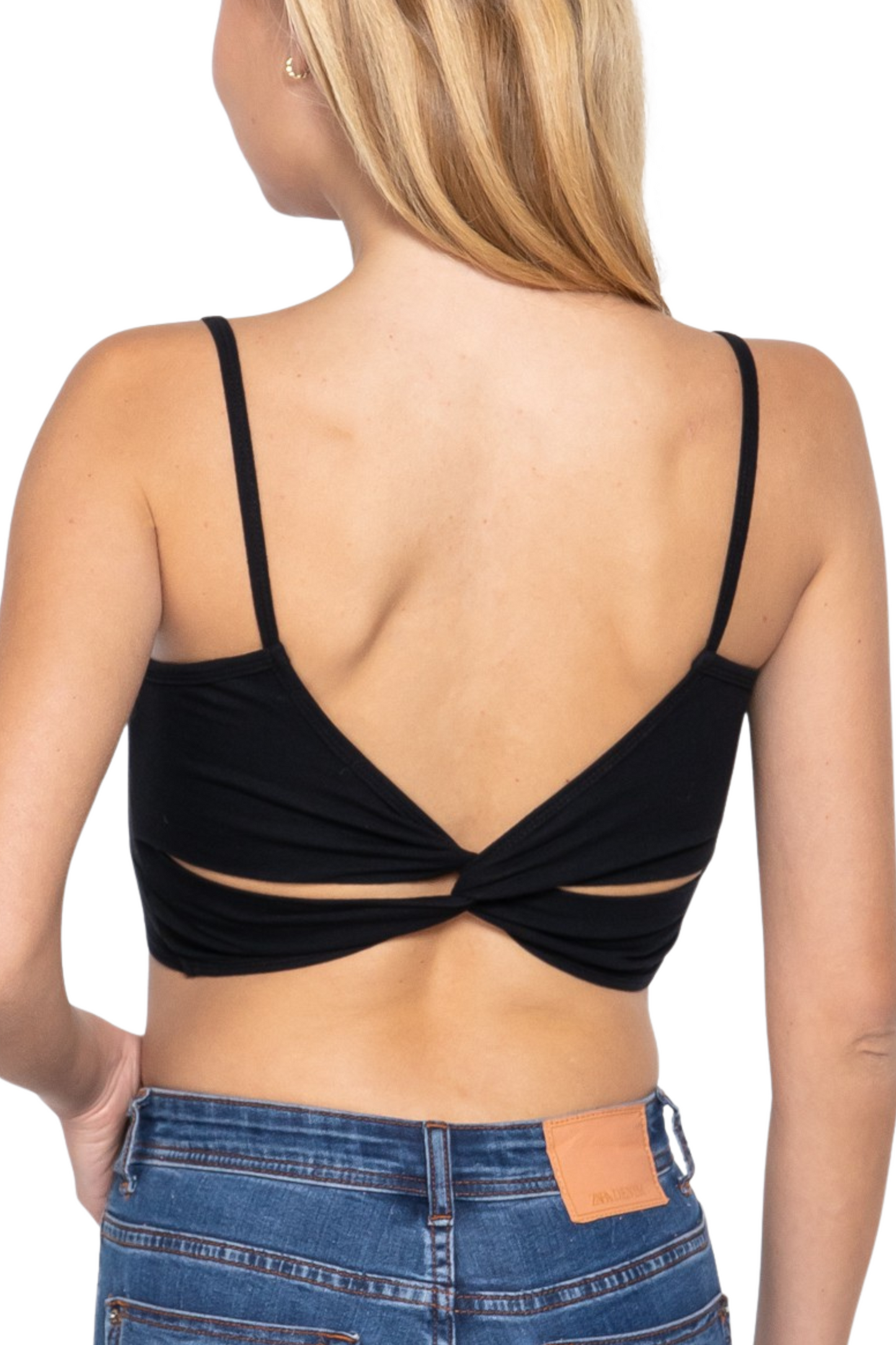Cropped Scoop Neck Twist Back Cami and Removable Bra Cups