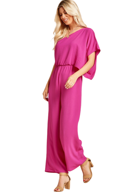 One Shoulder Wide Leg Jumpsuit with Elastic Waist
