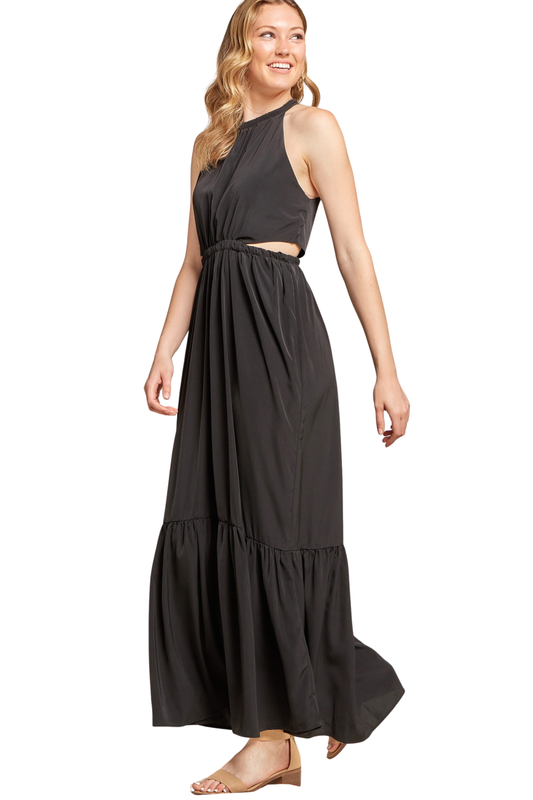 Halter Top Ruffle Bottom Maxi Dress with Side Cut Outs