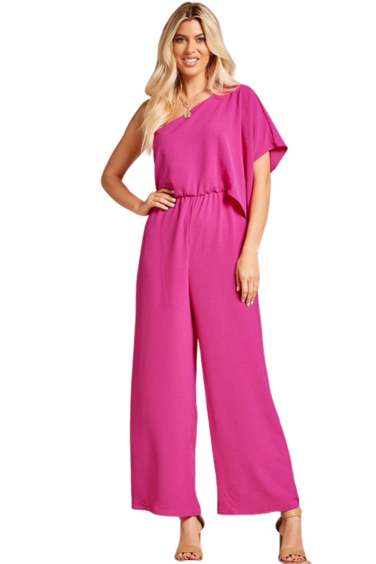 One Shoulder Wide Leg Jumpsuit with Elastic Waist