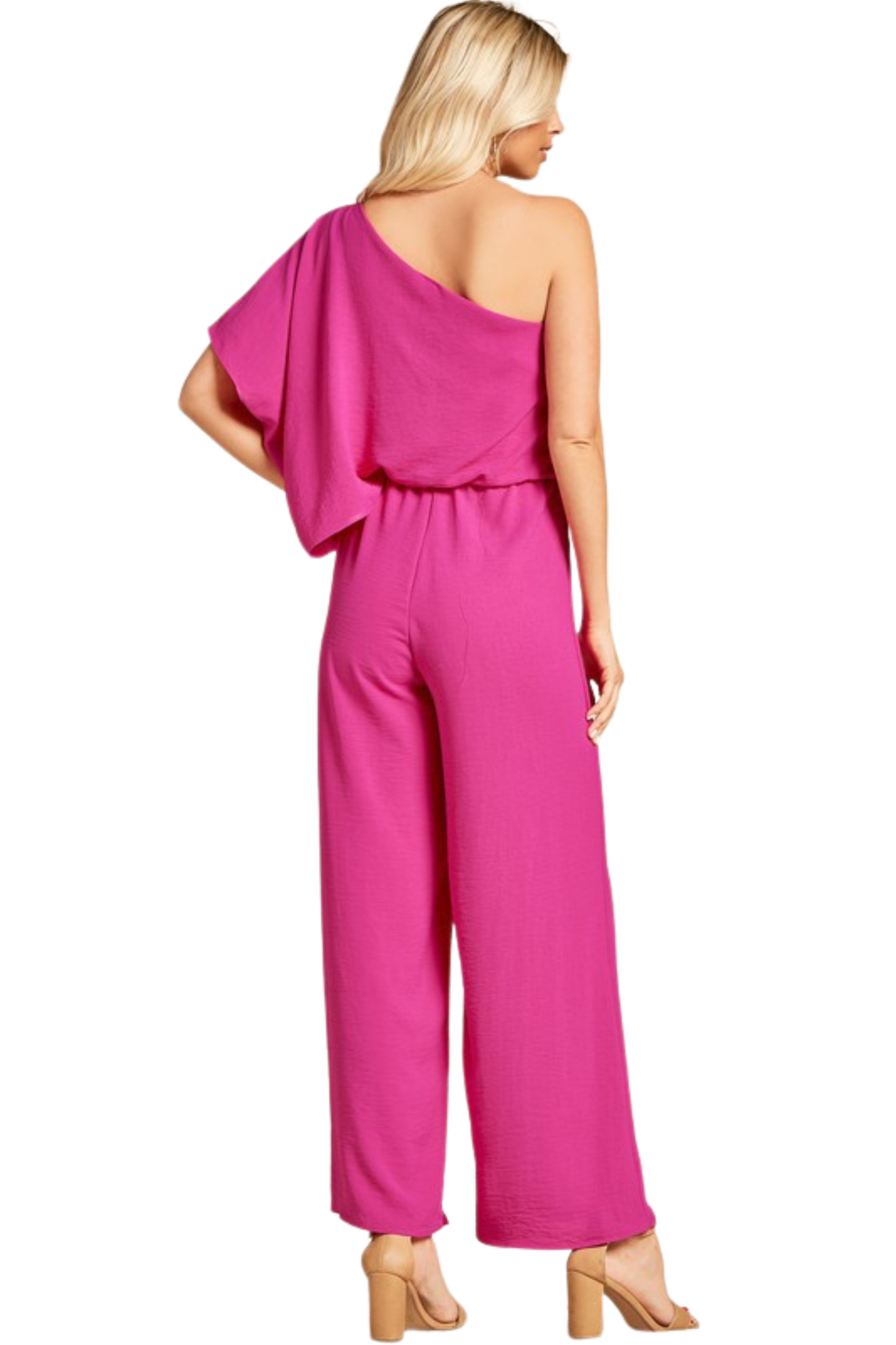 One Shoulder Wide Leg Jumpsuit with Elastic Waist