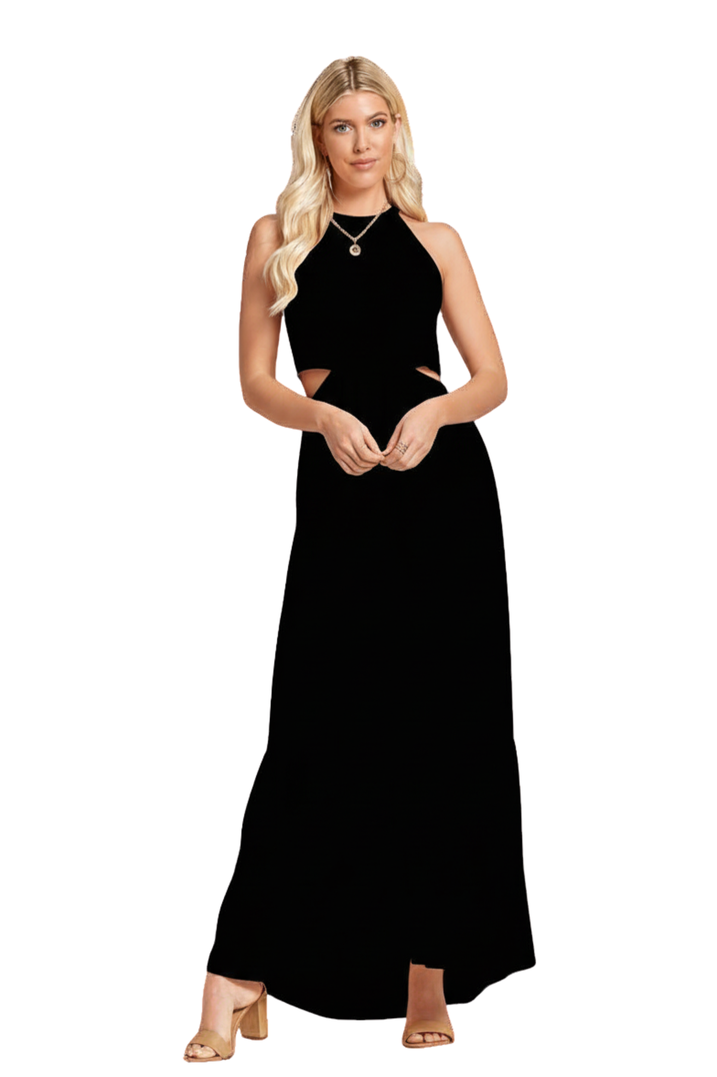 Halter Top Ruffle Bottom Maxi Dress with Side Cut Outs