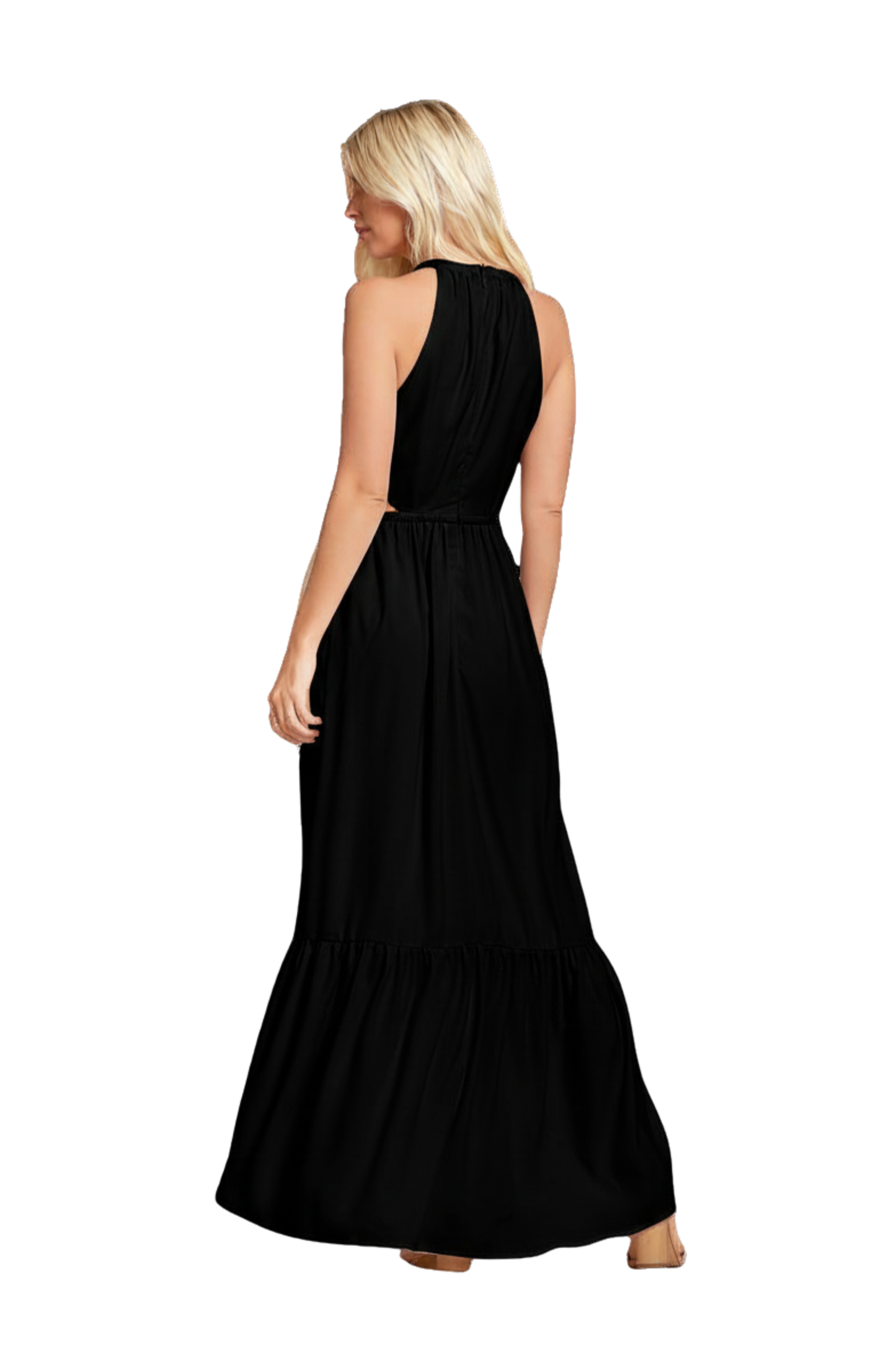 Halter Top Ruffle Bottom Maxi Dress with Side Cut Outs