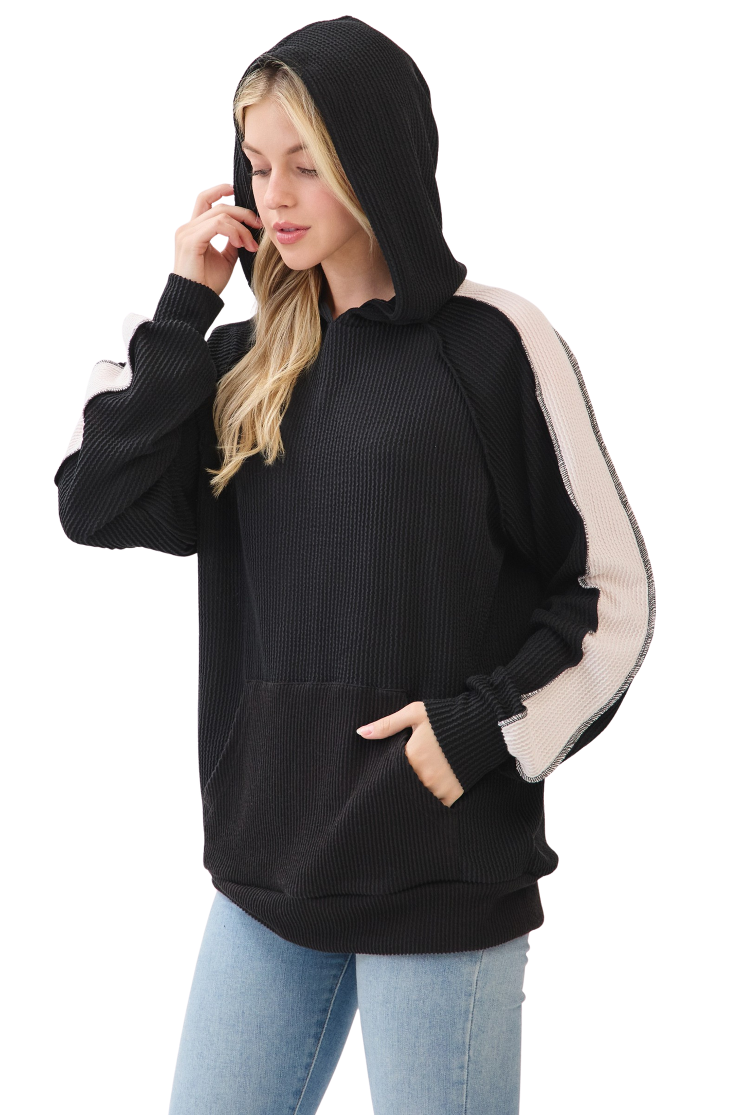 Rib Knit Color Block Hoodie