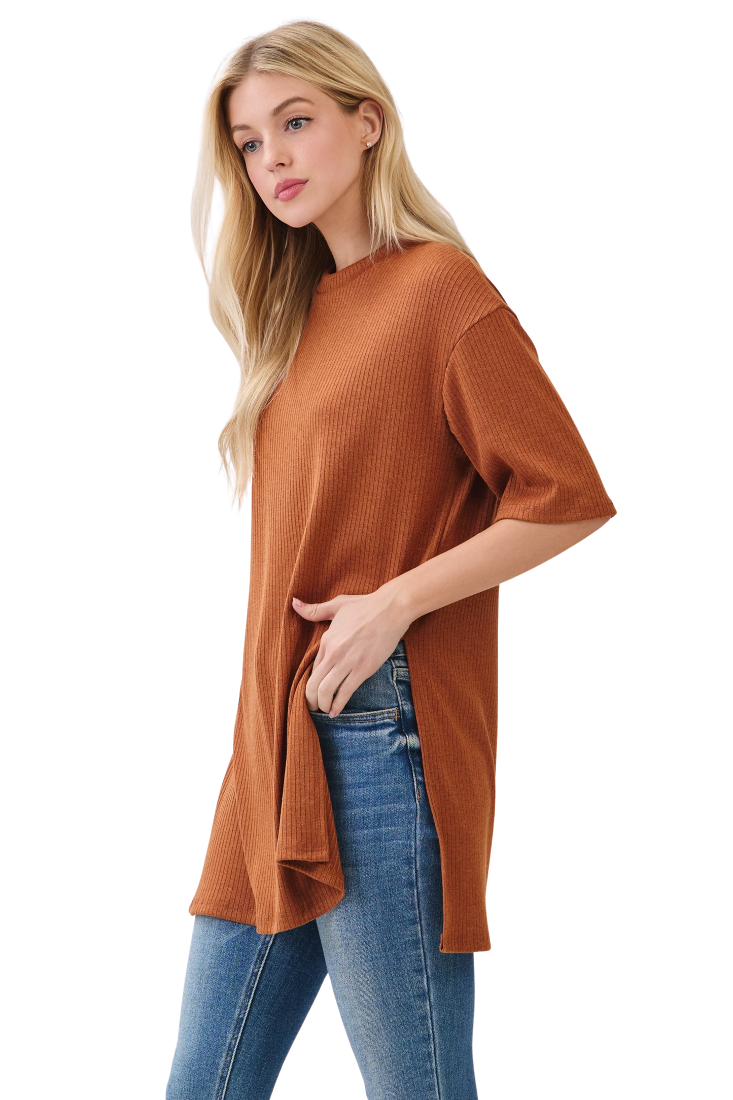 Ribbed Short Sleeve Tunic Top with Side Slits