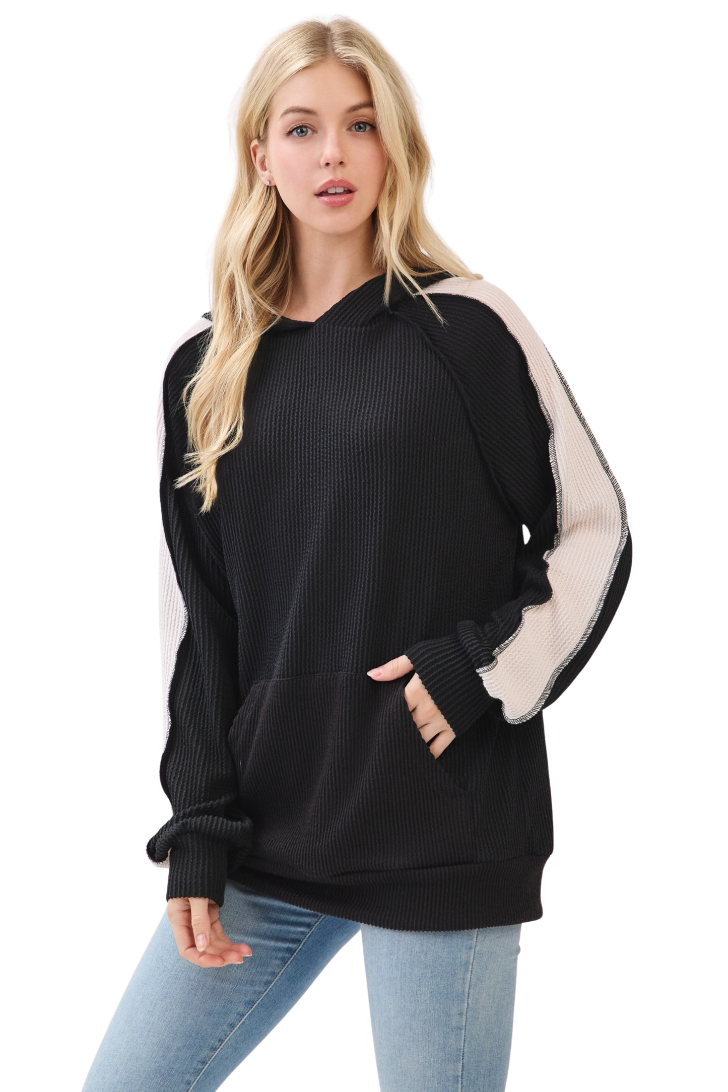 Rib Knit Color Block Hoodie