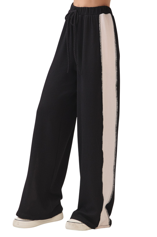 Rib Knit Color Block Wide Leg Pants