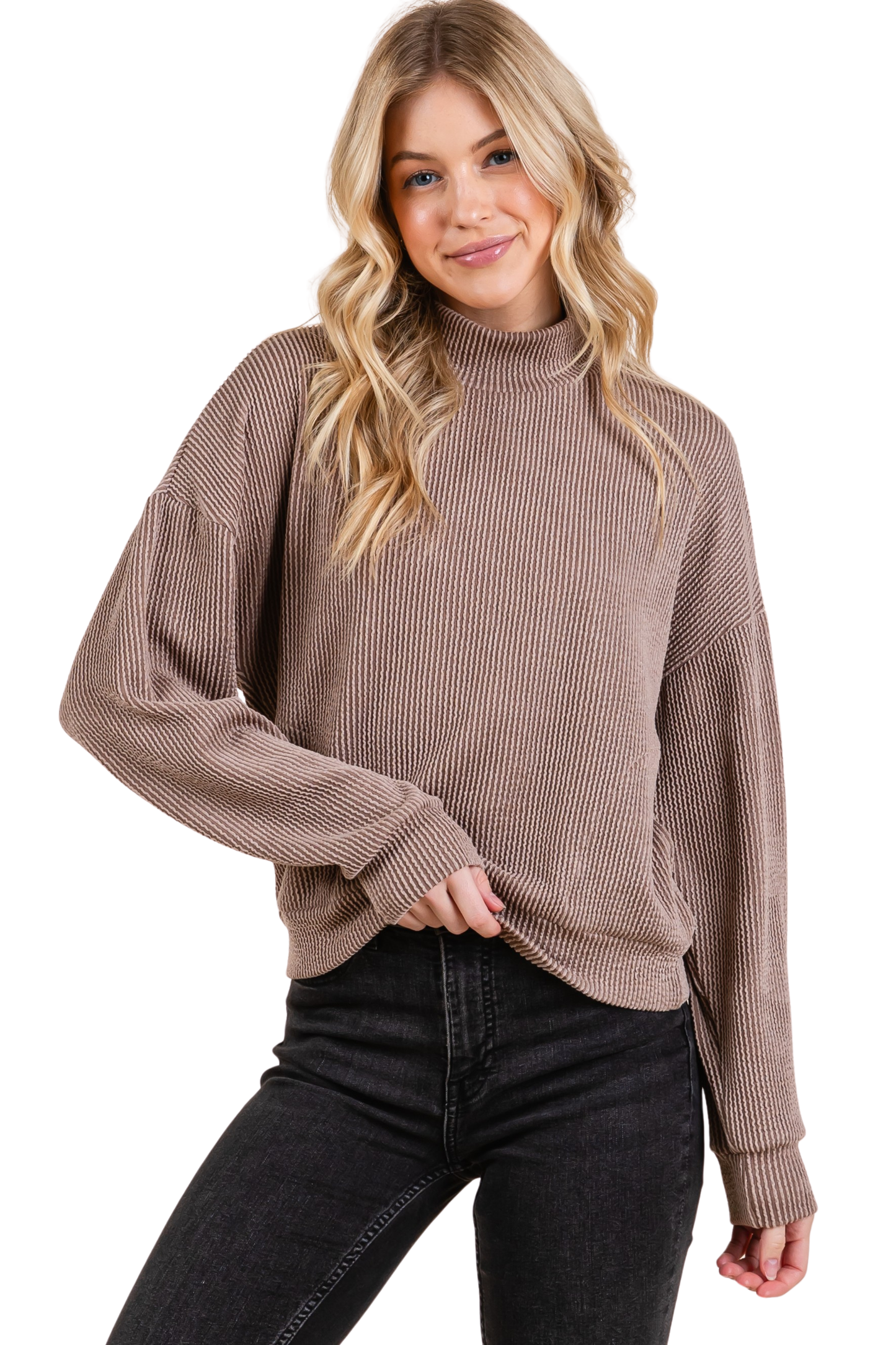 Raised Ribbed Mock Neck Long Sleeve Top with Side Pockets
