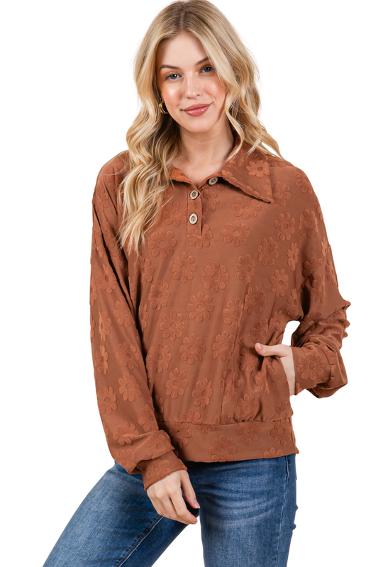 Collared Floral Terry Pullover with Buttons