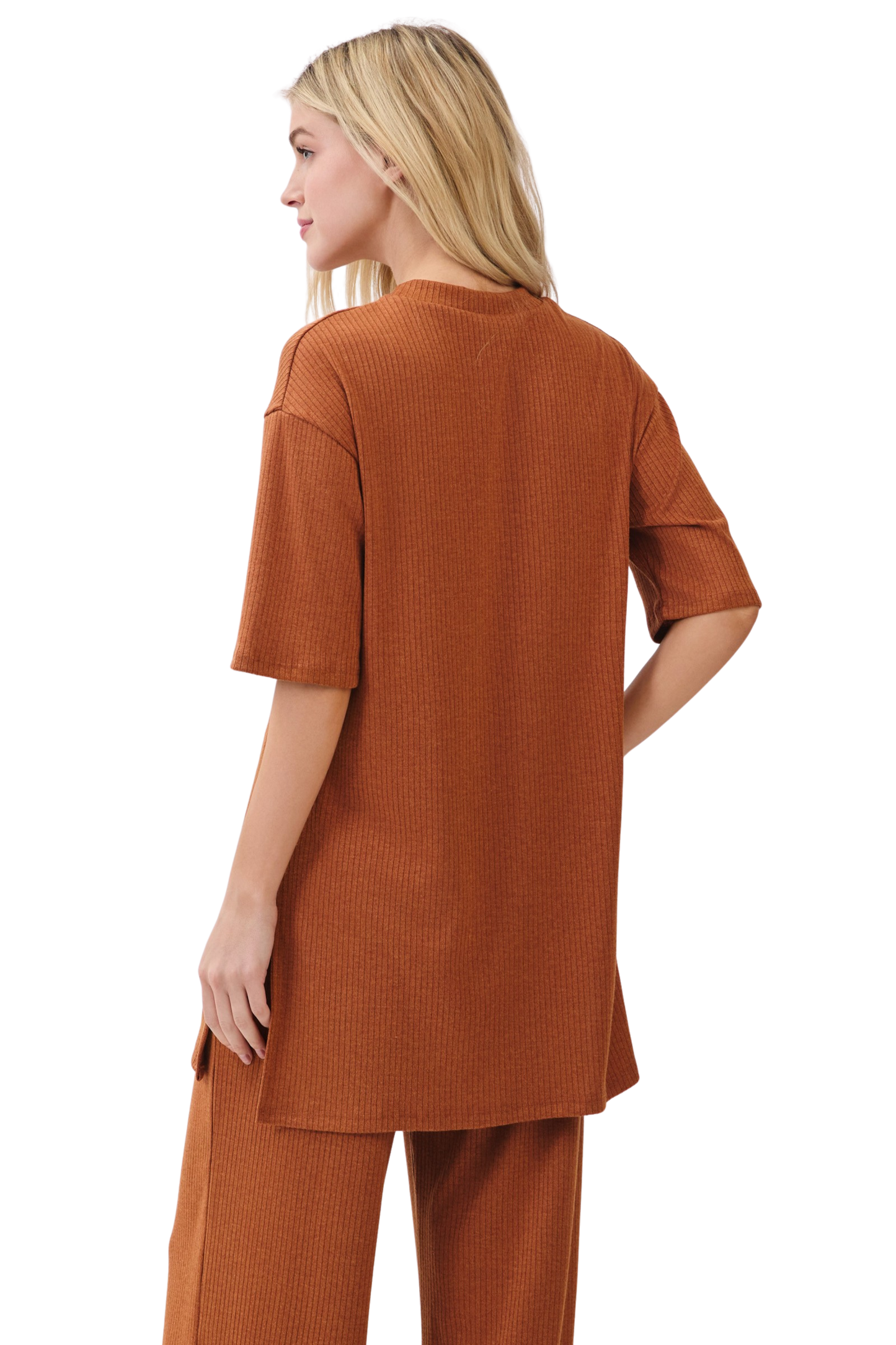 Ribbed Short Sleeve Tunic Top with Side Slits