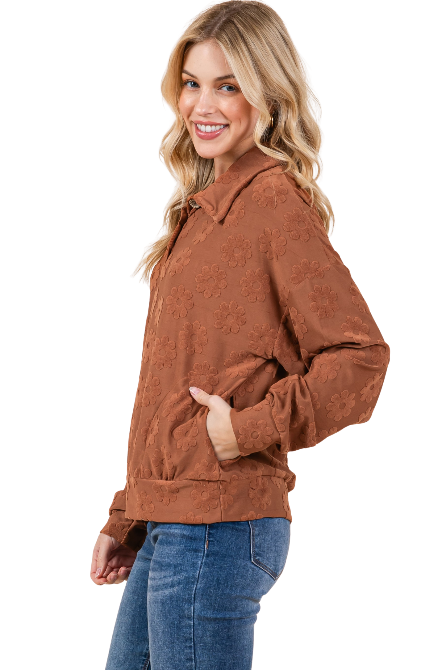 Collared Floral Terry Pullover with Buttons