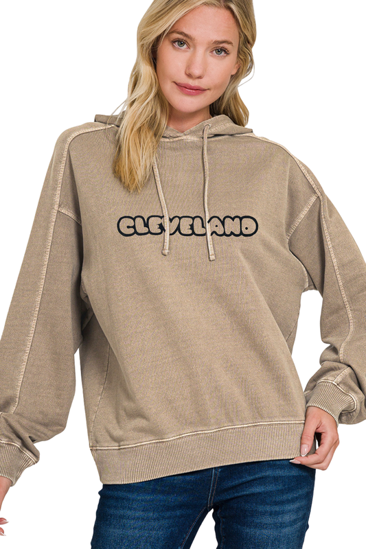 Bubble Outline Cleveland Hand Stamped Garment Dyed Hoodie
