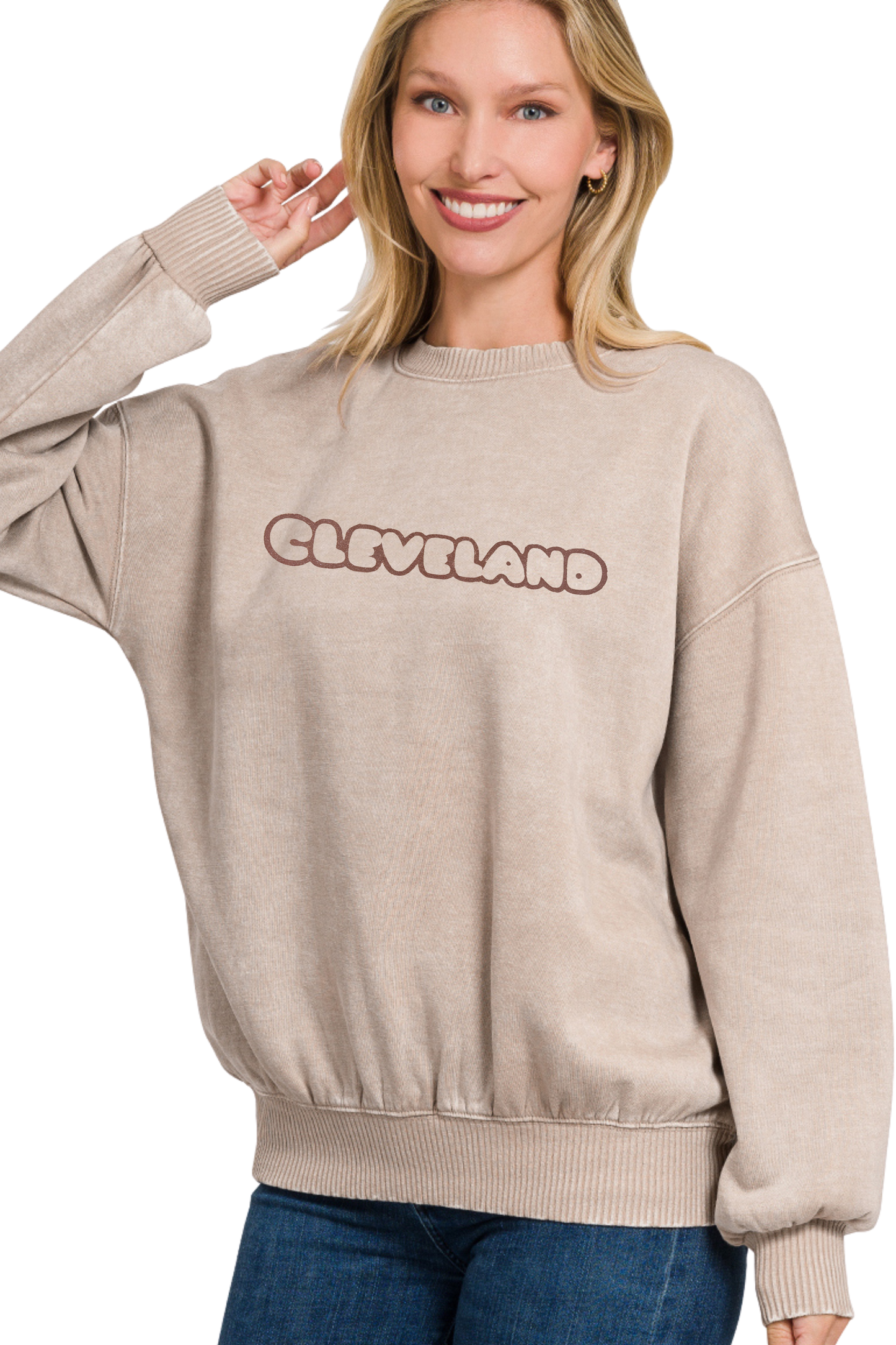 Hand Stamped Cleveland Outline Bubble Font Pullover Sweatshirt